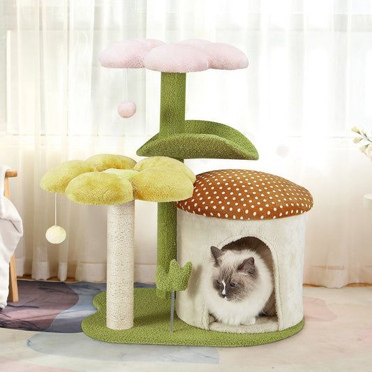 EROMMY 29" Cat Tree, Flower Cat Tower with Scraching Post & Cat Condo for Indoor Cats, Green
