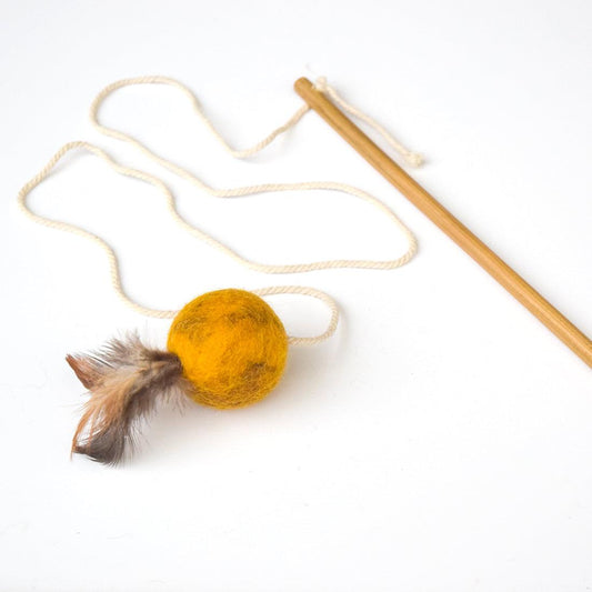 Feather Teaser Ball Cat Wand - Mustard