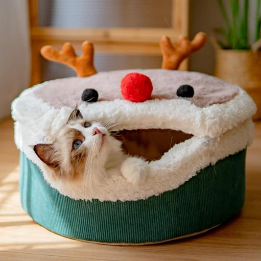Christmas Elk Enclosed  Plush Cat Cave